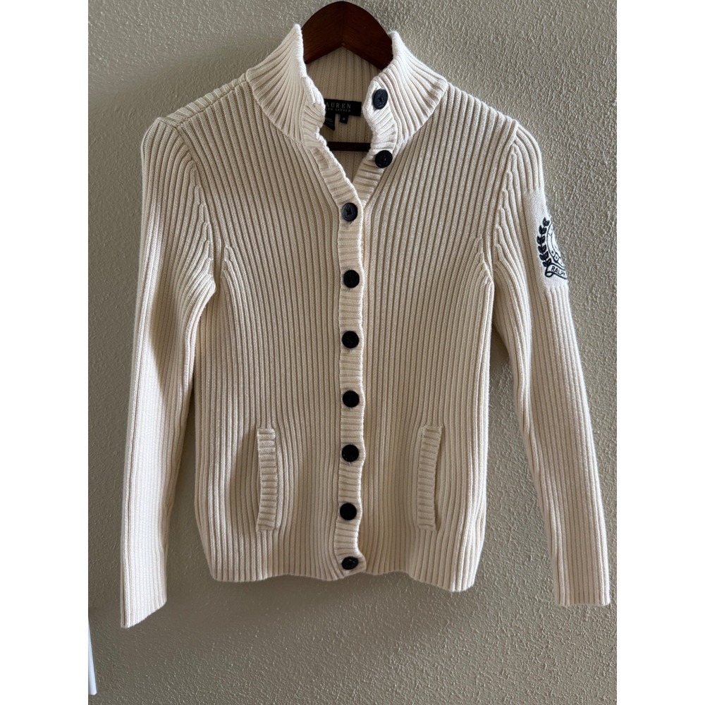 Vintage 90s Lauren Ralph Lauren Cardigan M Cream Nautical Cotton Hong Kong
